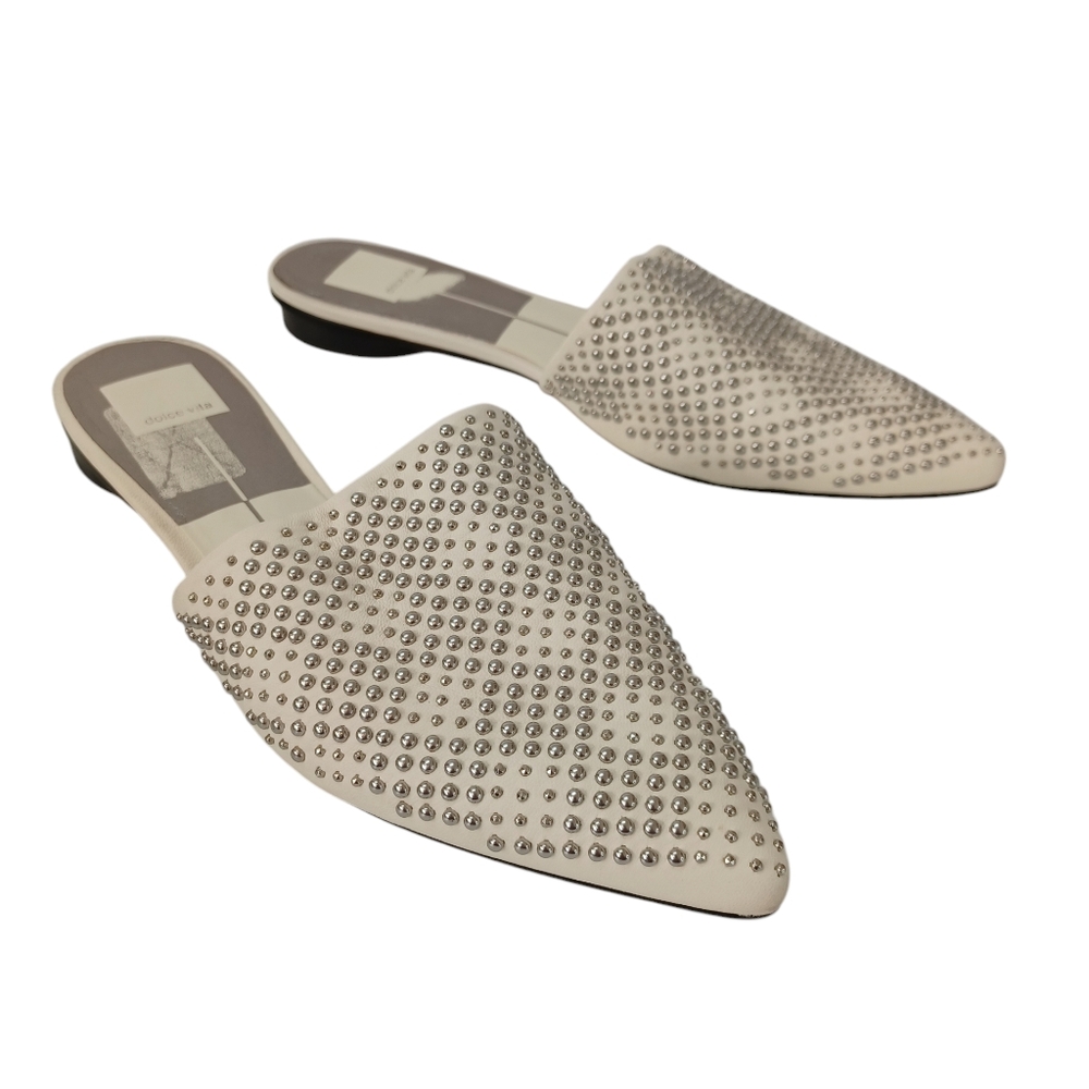 Dolce Vita Flats White Leather Elvah Slip On Silver Studs Point Toe Womens 8.5